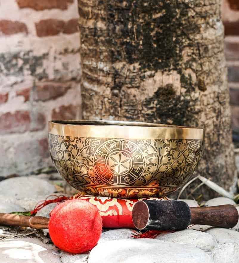Singing Bowl with Chakra Art . Sound healing and meditation large bowl.