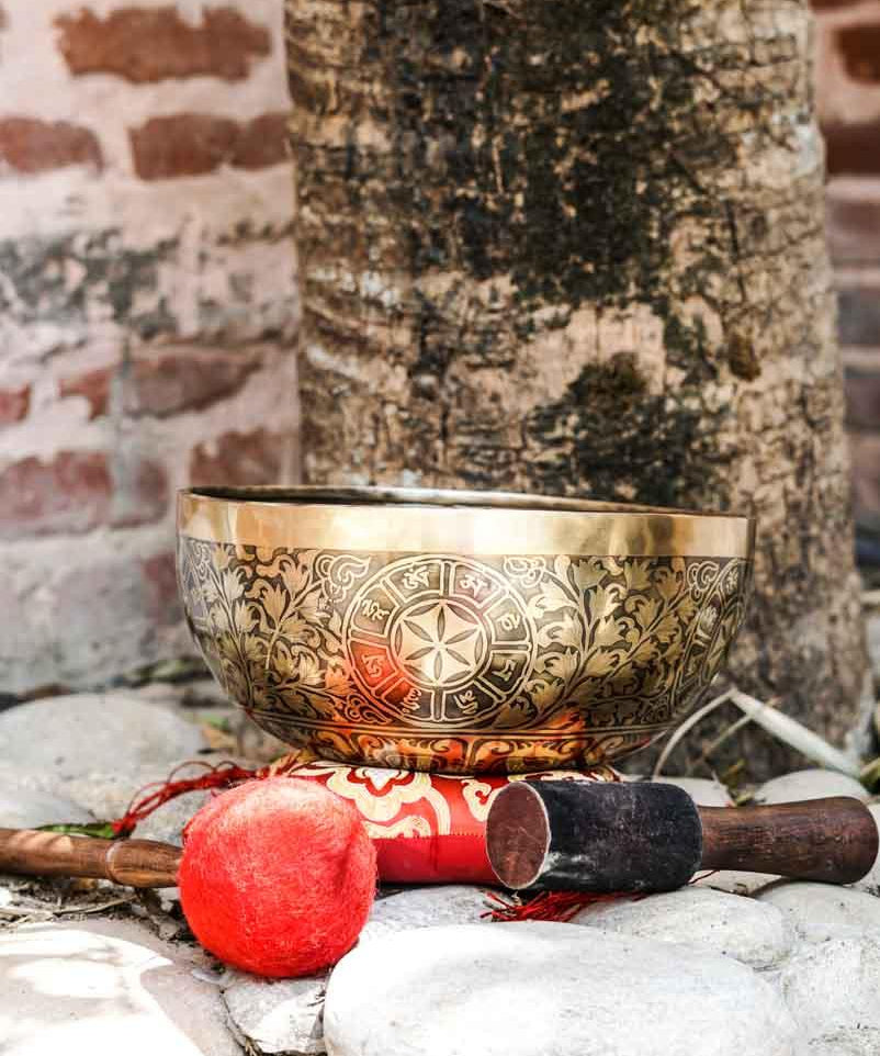 Singing Bowl with Chakra Art . Sound healing and meditation large bowl.