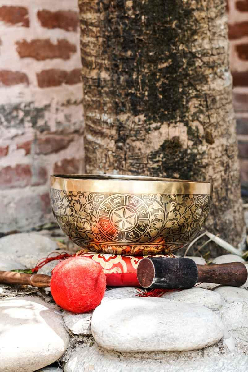 Singing Bowl with Chakra Art . Sound healing and meditation large bowl.