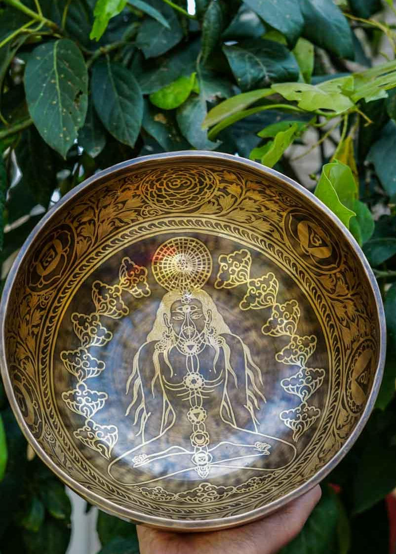 Singing Bowl with Chakra Art . Sound healing and meditation large bowl.