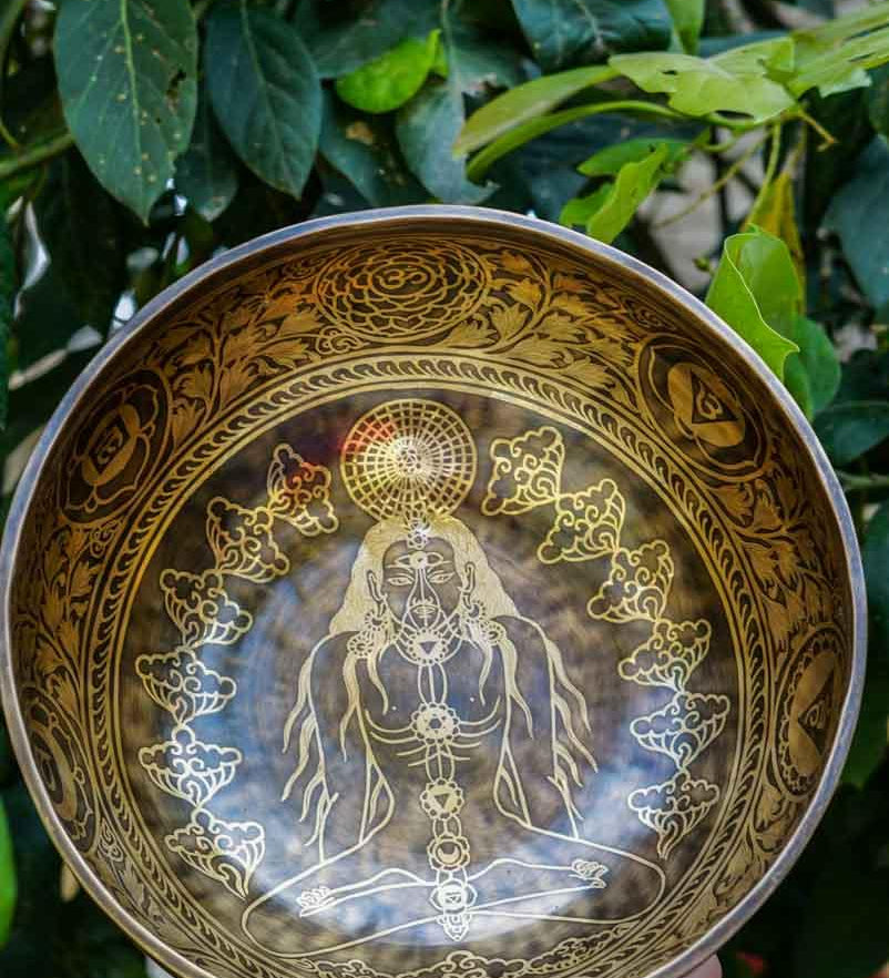 Singing Bowl with Chakra Art . Sound healing and meditation large bowl.