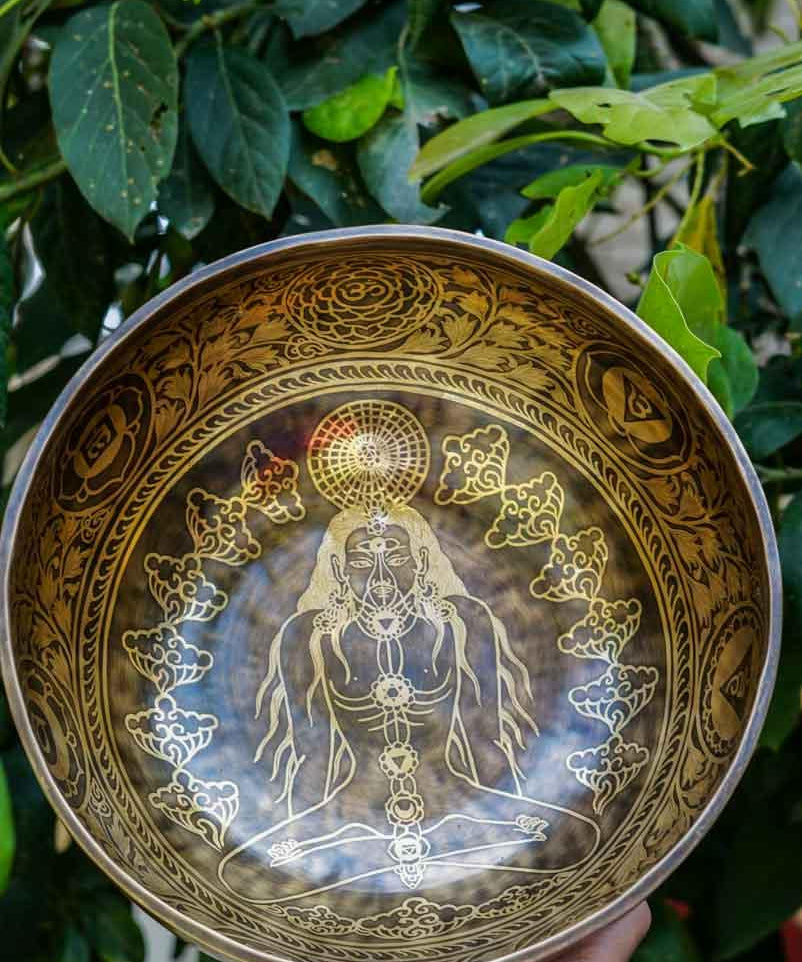 Singing Bowl with Chakra Art . Sound healing and meditation large bowl.