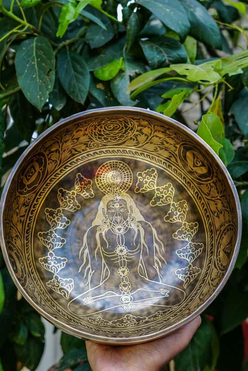 Singing Bowl with Chakra Art . Sound healing and meditation large bowl.