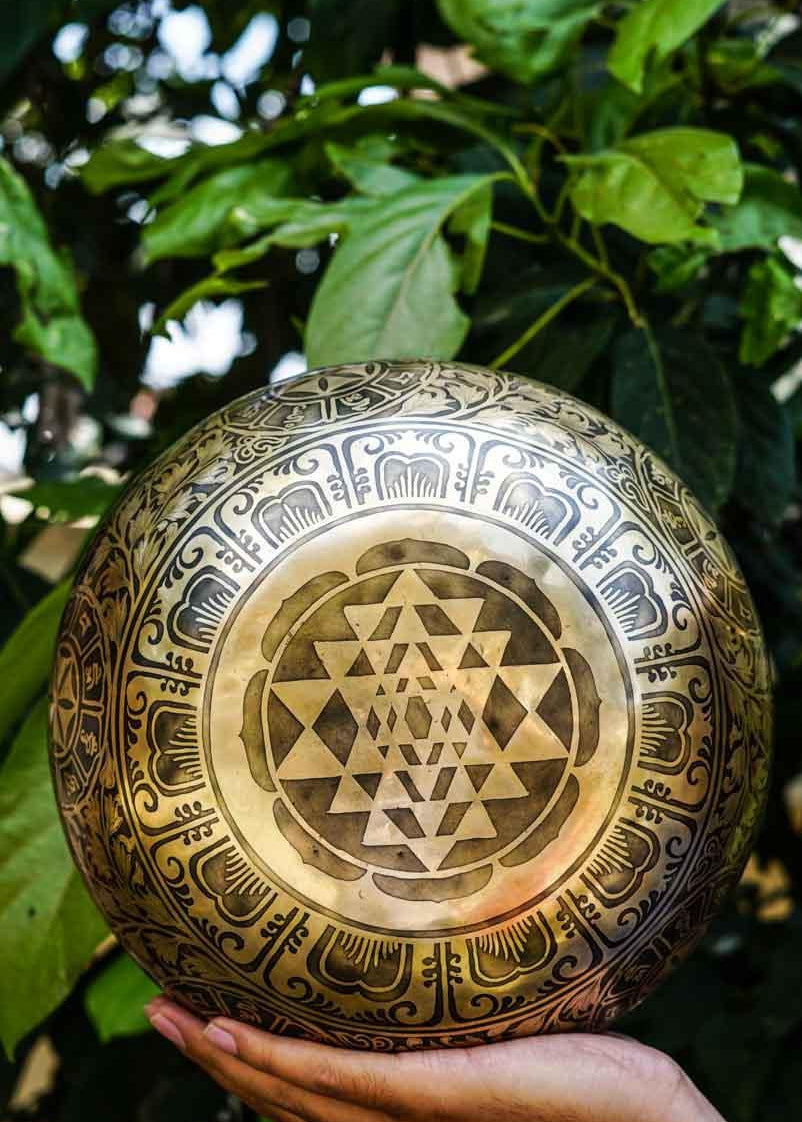 Singing Bowl with Chakra Art . Sound healing and meditation large bowl.