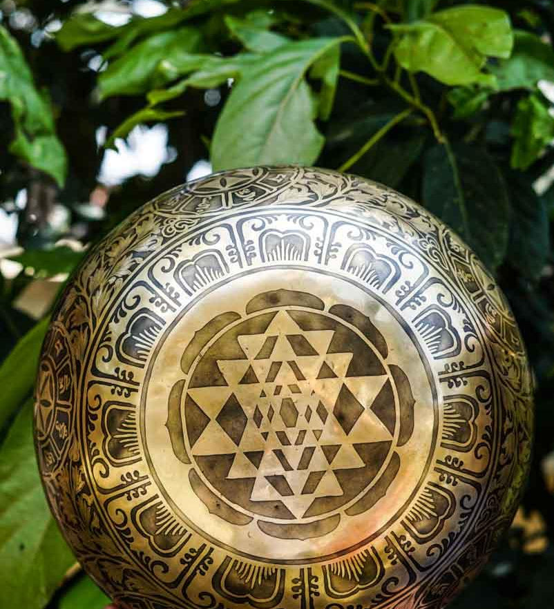Singing Bowl with Chakra Art . Sound healing and meditation large bowl.