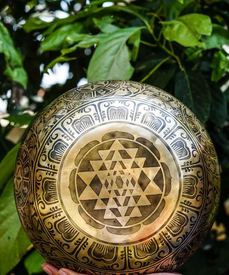 Singing Bowl with Chakra Art . Sound healing and meditation large bowl.