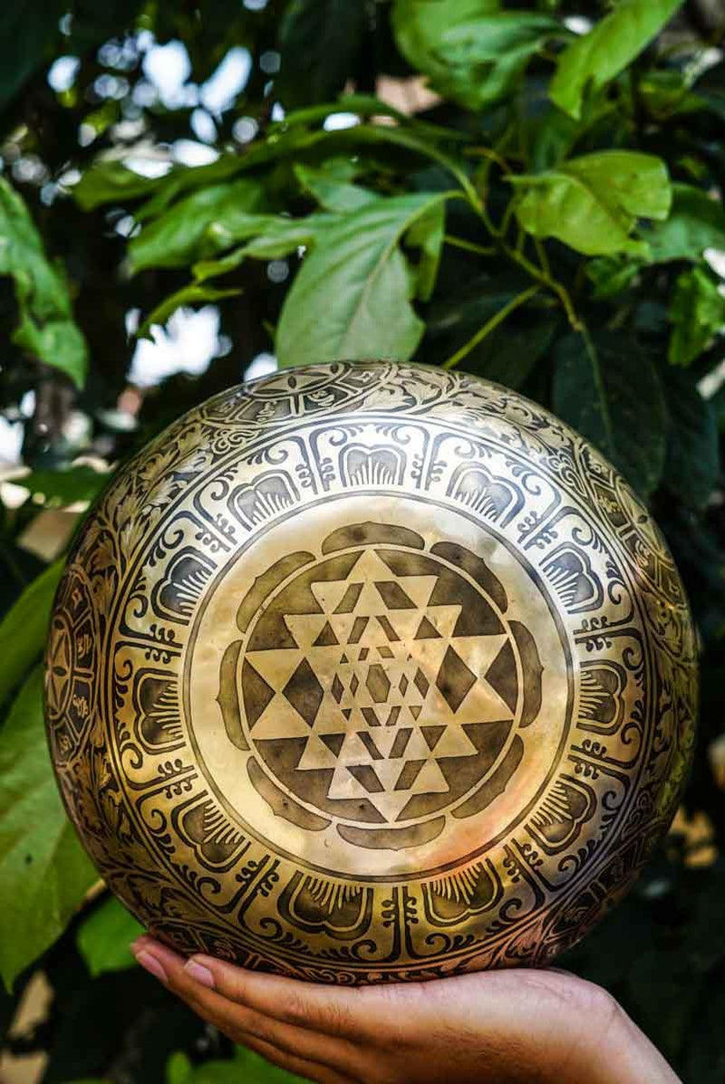 Singing Bowl with Chakra Art . Sound healing and meditation large bowl.
