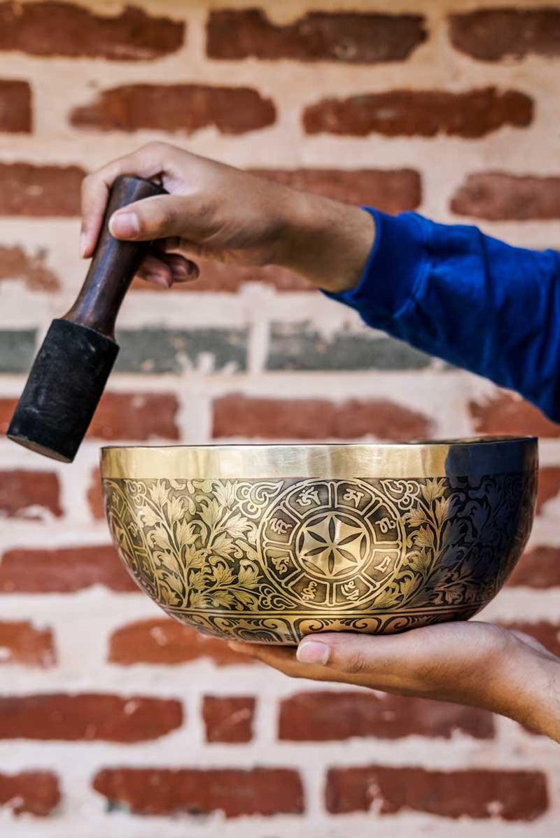 Singing Bowl with Chakra Art . Sound healing and meditation large bowl.