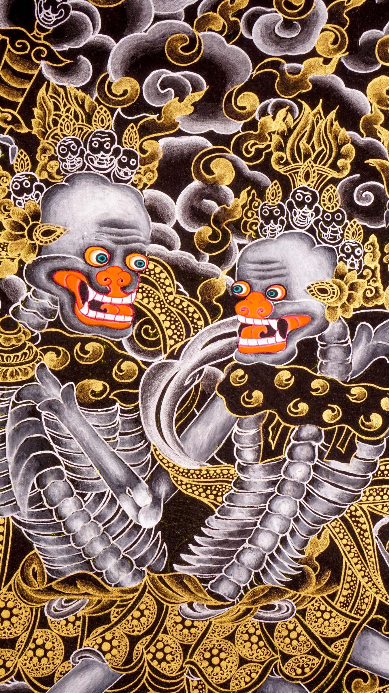 Citapati (two skeletons) tibetan thangak art depicts the 2 meditator who was killed during the meditation and became the ferocious enemy of the thief who killed them.