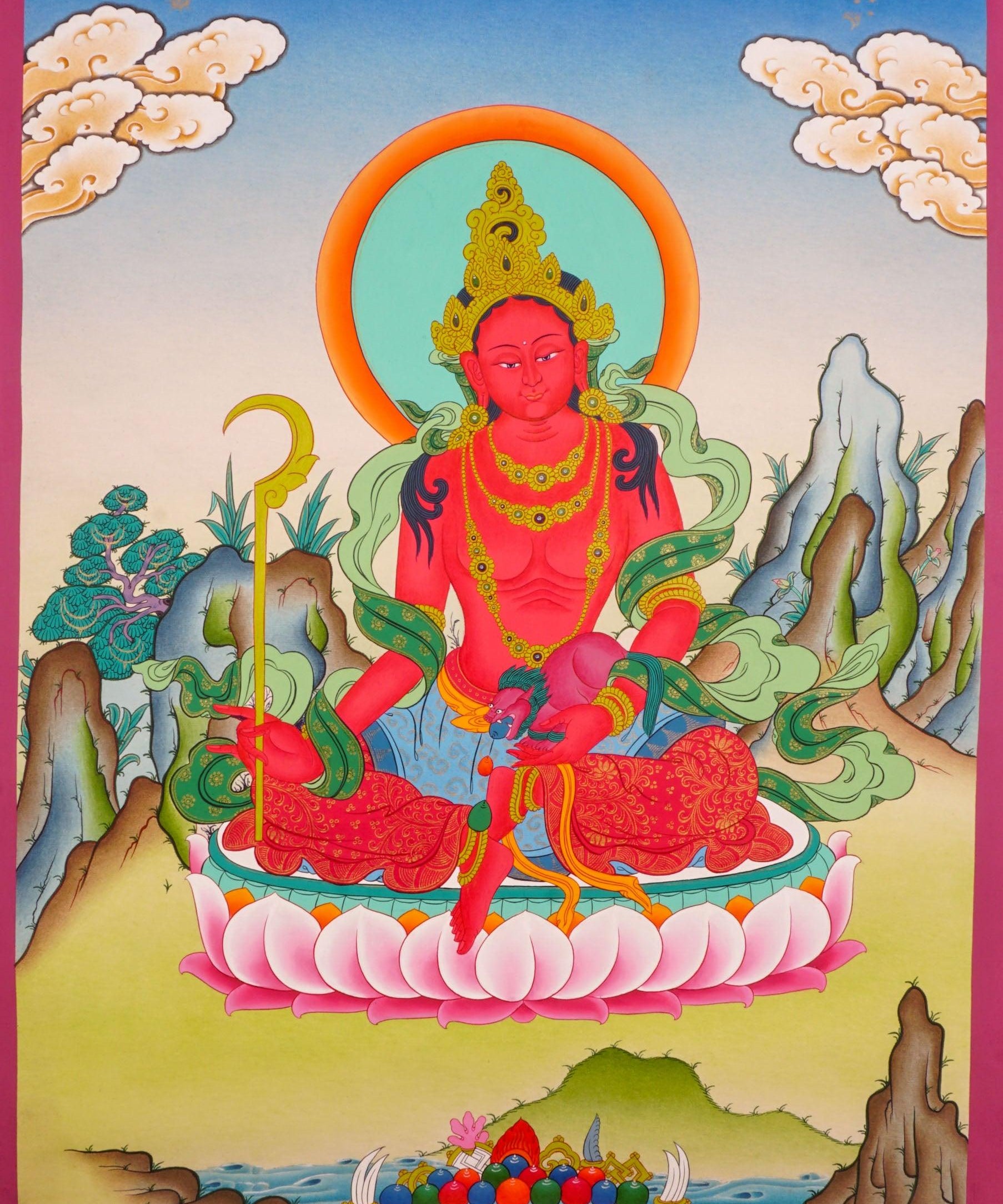 Tichanga Tibetan Thangka art on canvas for wall hanging. Female Devi deity .