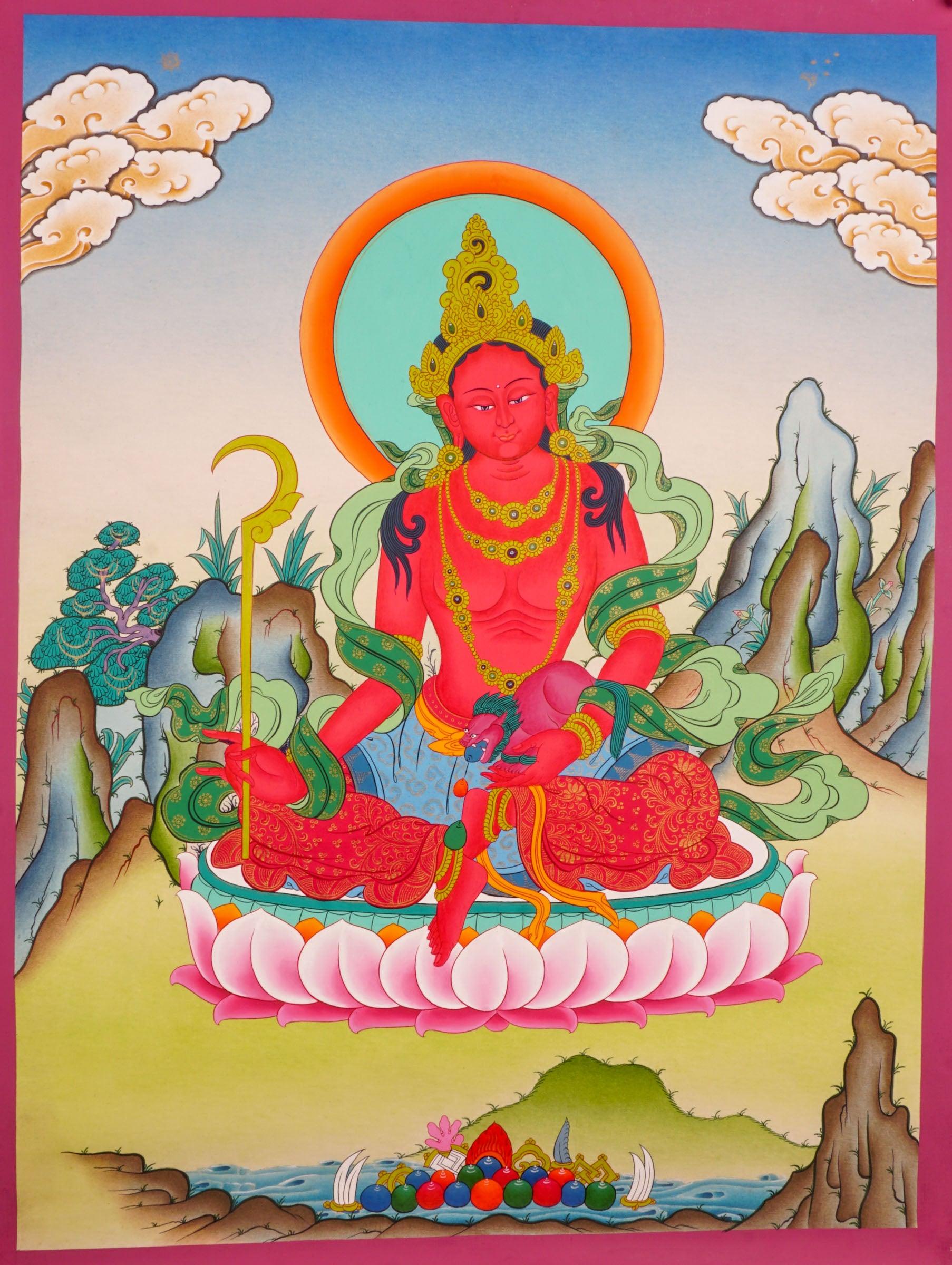Tichanga Tibetan Thangka art on canvas for wall hanging. Female Devi deity .