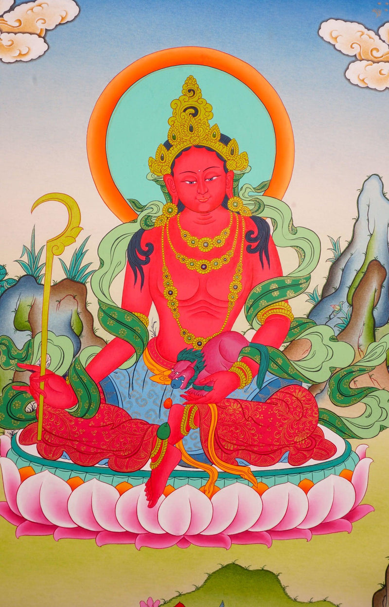 Red Tara Tibetan Thangka art on canvas for wall hanging. Female Devi deity .