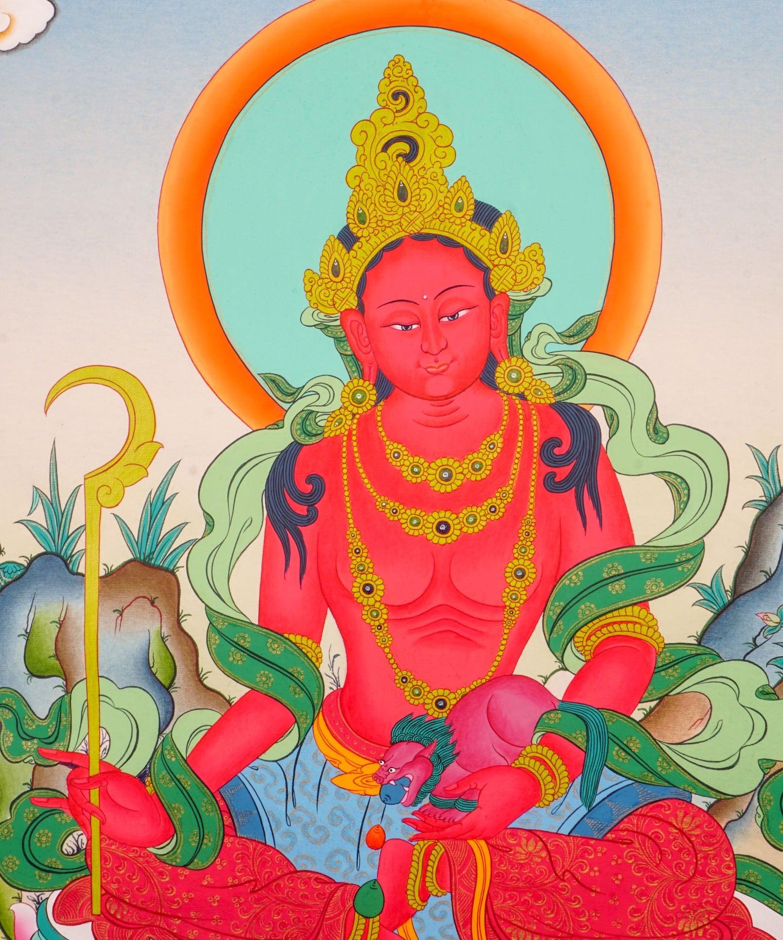 Red Tara Tibetan Thangka art on canvas for wall hanging. Female Devi deity .