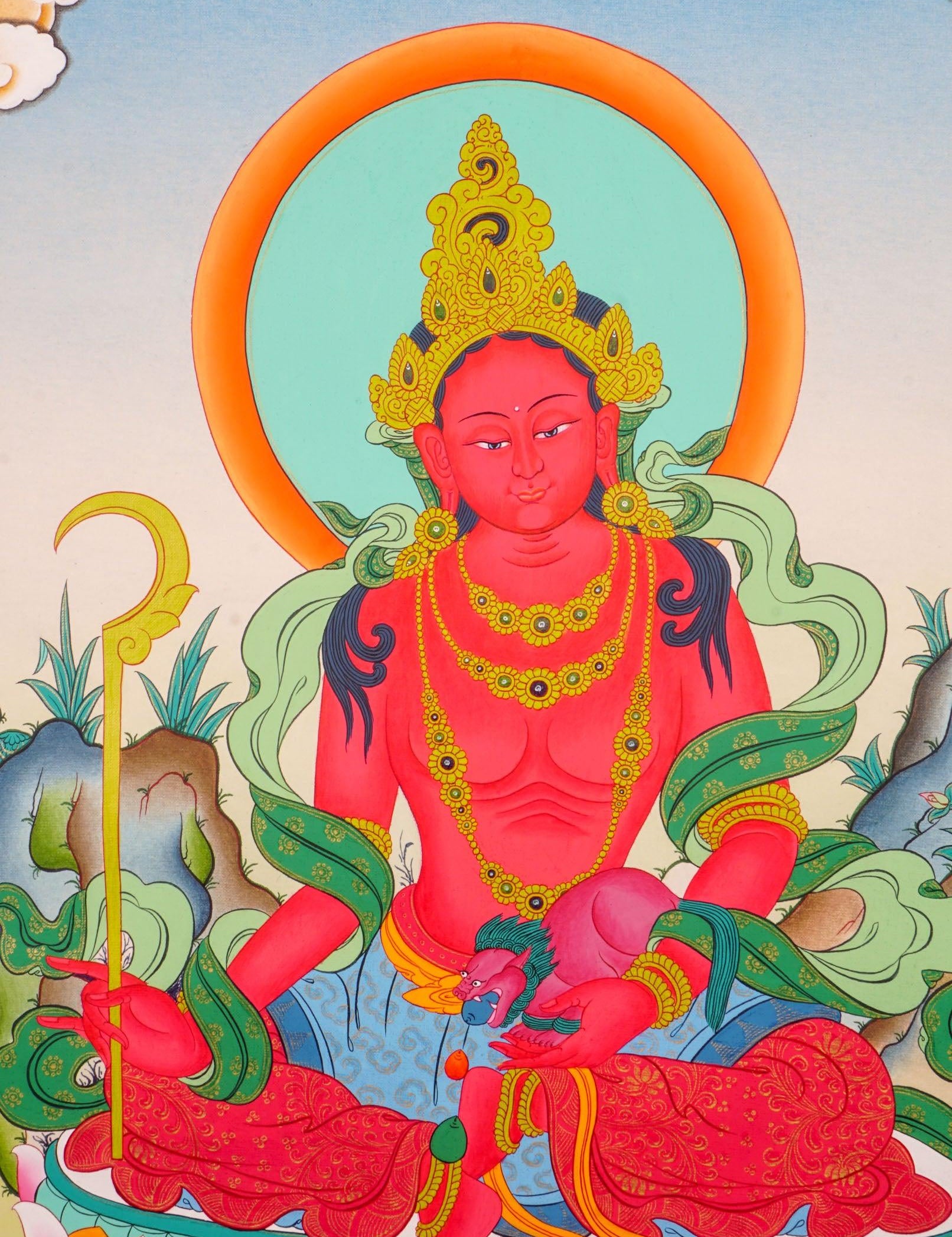 Red Tara Tibetan Thangka art on canvas for wall hanging. Female Devi deity .