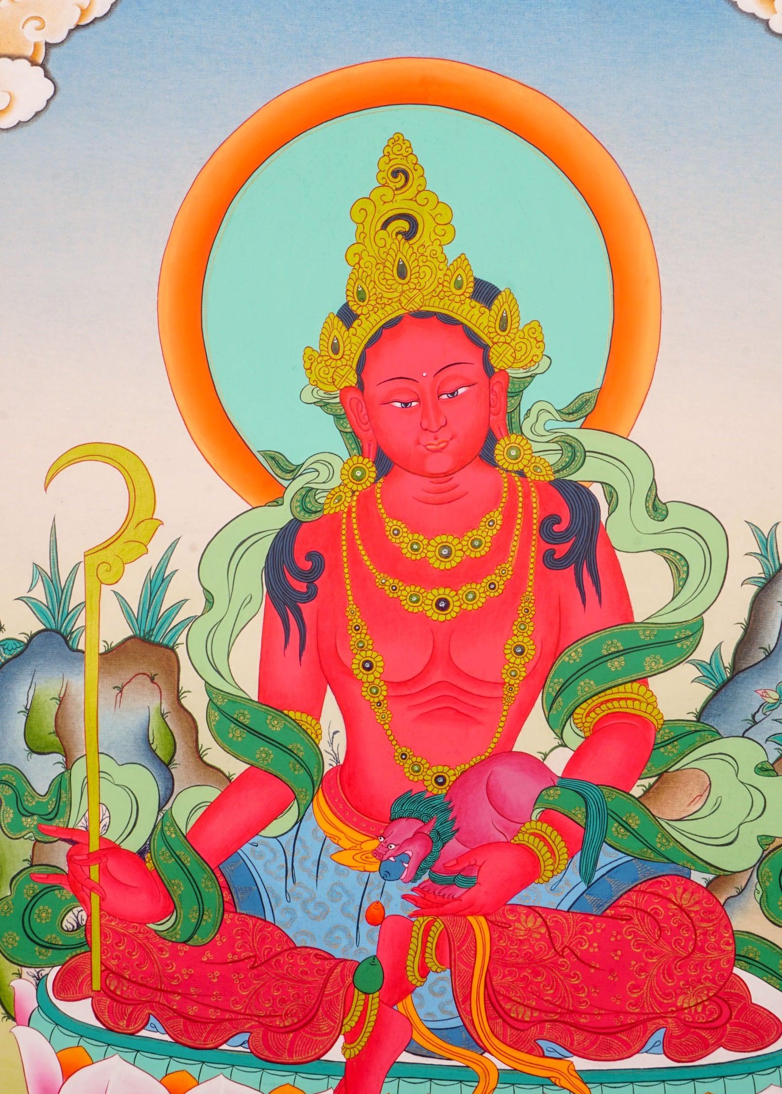 Red Tara Tibetan Thangka art on canvas for wall hanging. Female Devi deity .