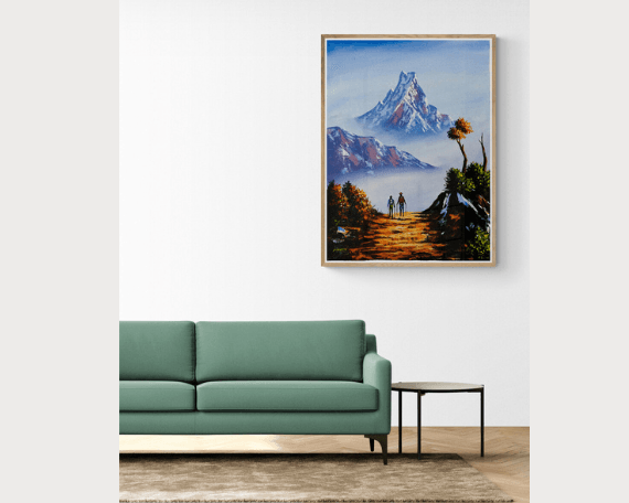 Handmade painting of Mount Fishtail, Pokhara - Original handmade Painting - Nepal landscape painting - Perfect for room decoration