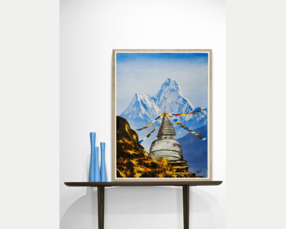 Beautiful scenario of Mount Everest and Lhotse with Tenzin Norgay Stupa Landscape painting with Himalayas range - Wall Hanging and Decor