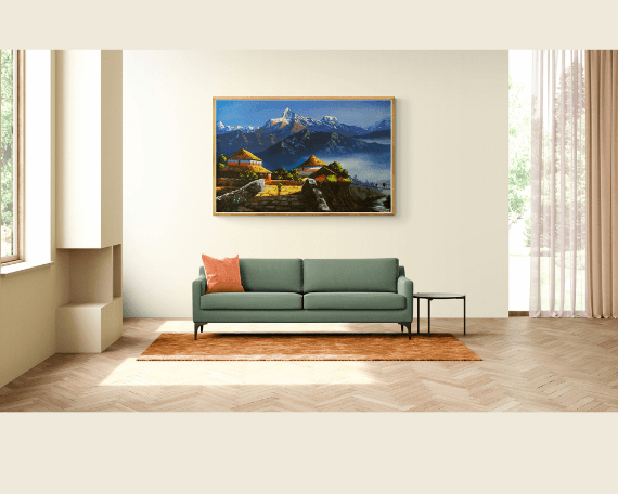 Oil Painting of Ghandruk with Annapurna Range scenerio - People Crossing the Suspension Bridge - Nepalese original landscape painting