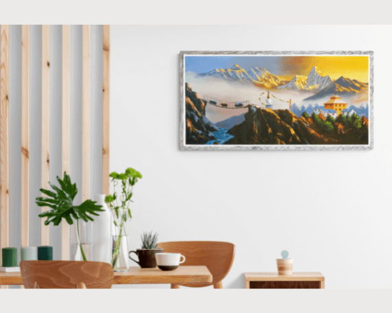 Everest Range with Ama Dablam handmade painting with Yaks on Bridge -Himalayan Range landscape painting - Decor & wall hanging