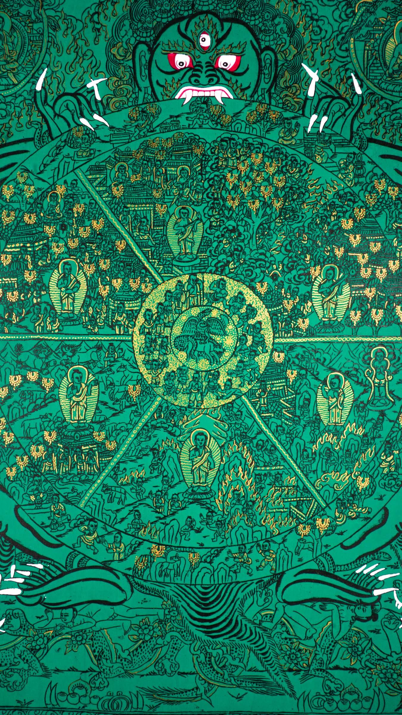 Green Wheel of Life Thangka Art - Himalayas Shop