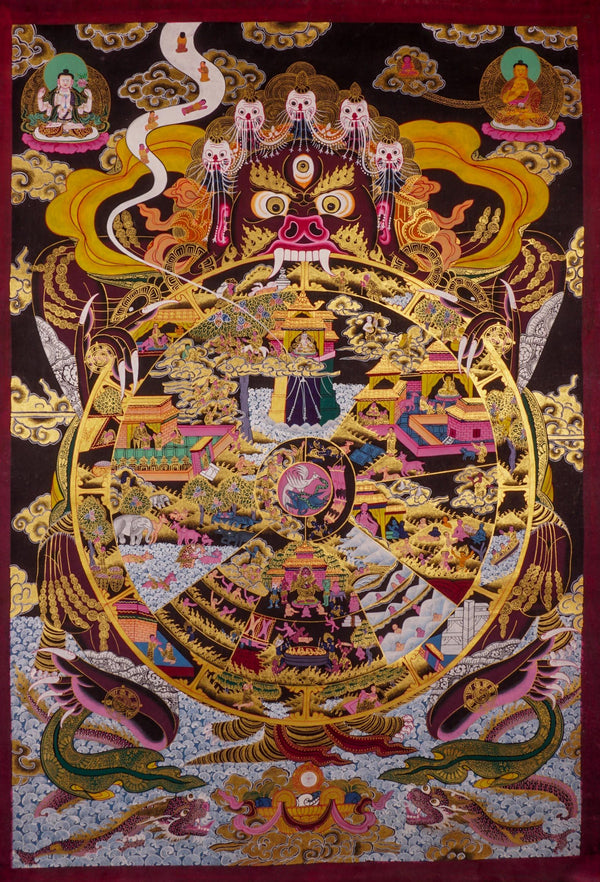 Wheel of Life Tibetan Thangka art painting from Himalayas on pure 24 K gold