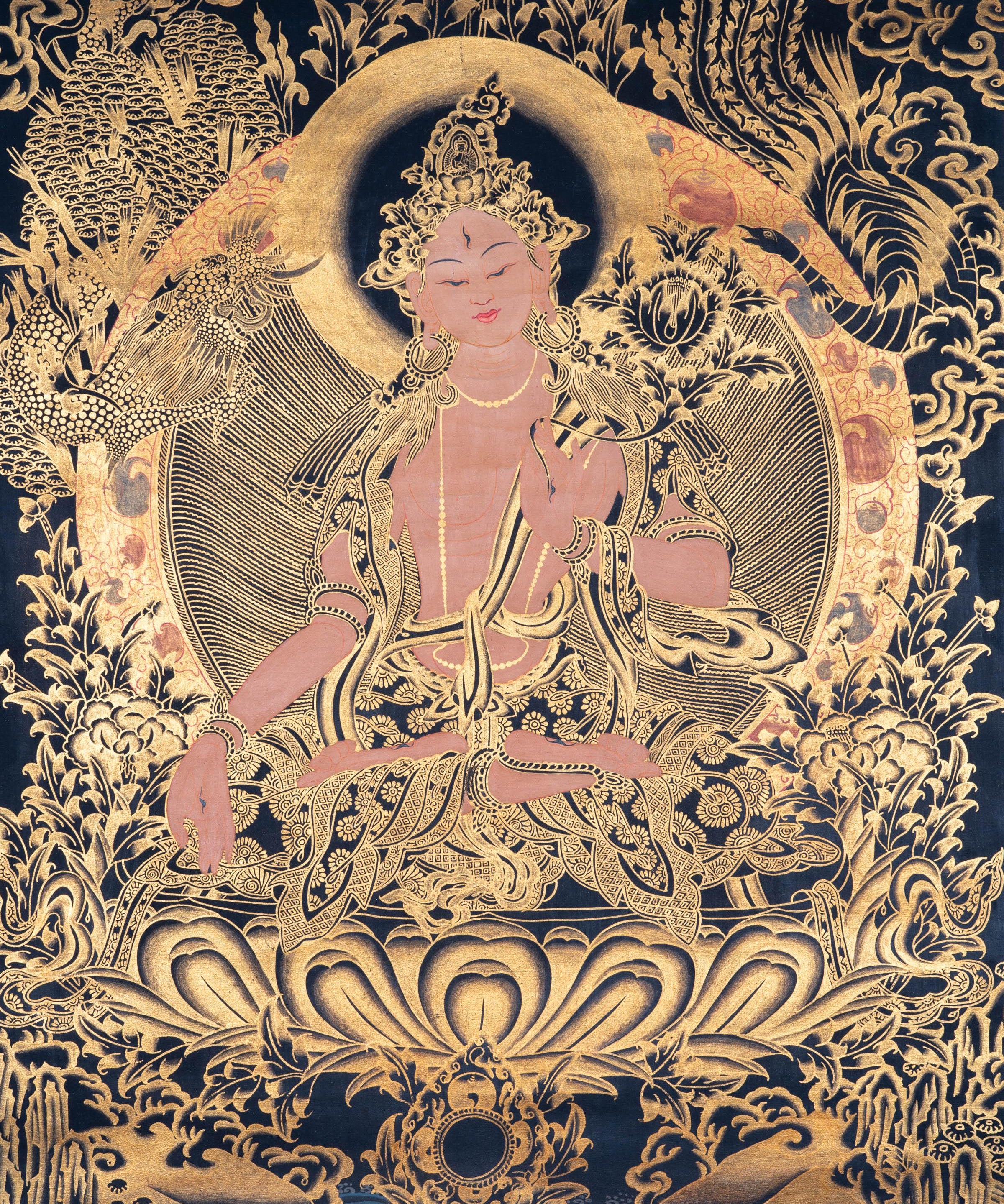 Golden White Tara Authentic Handmade Thangka - Himalayas Shop