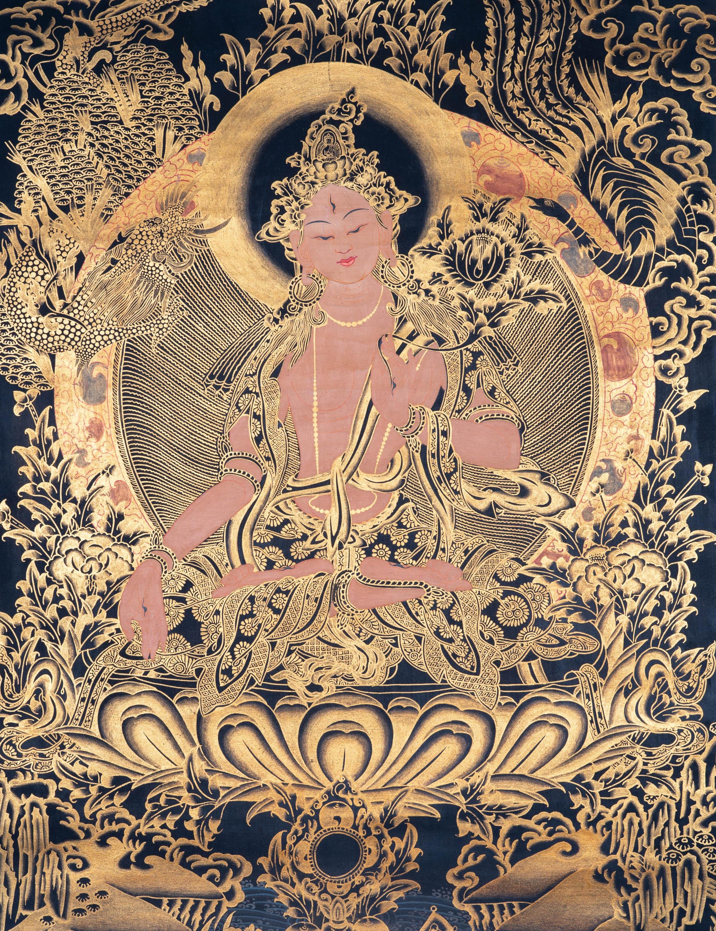 Golden White Tara Authentic Handmade Thangka - Himalayas Shop