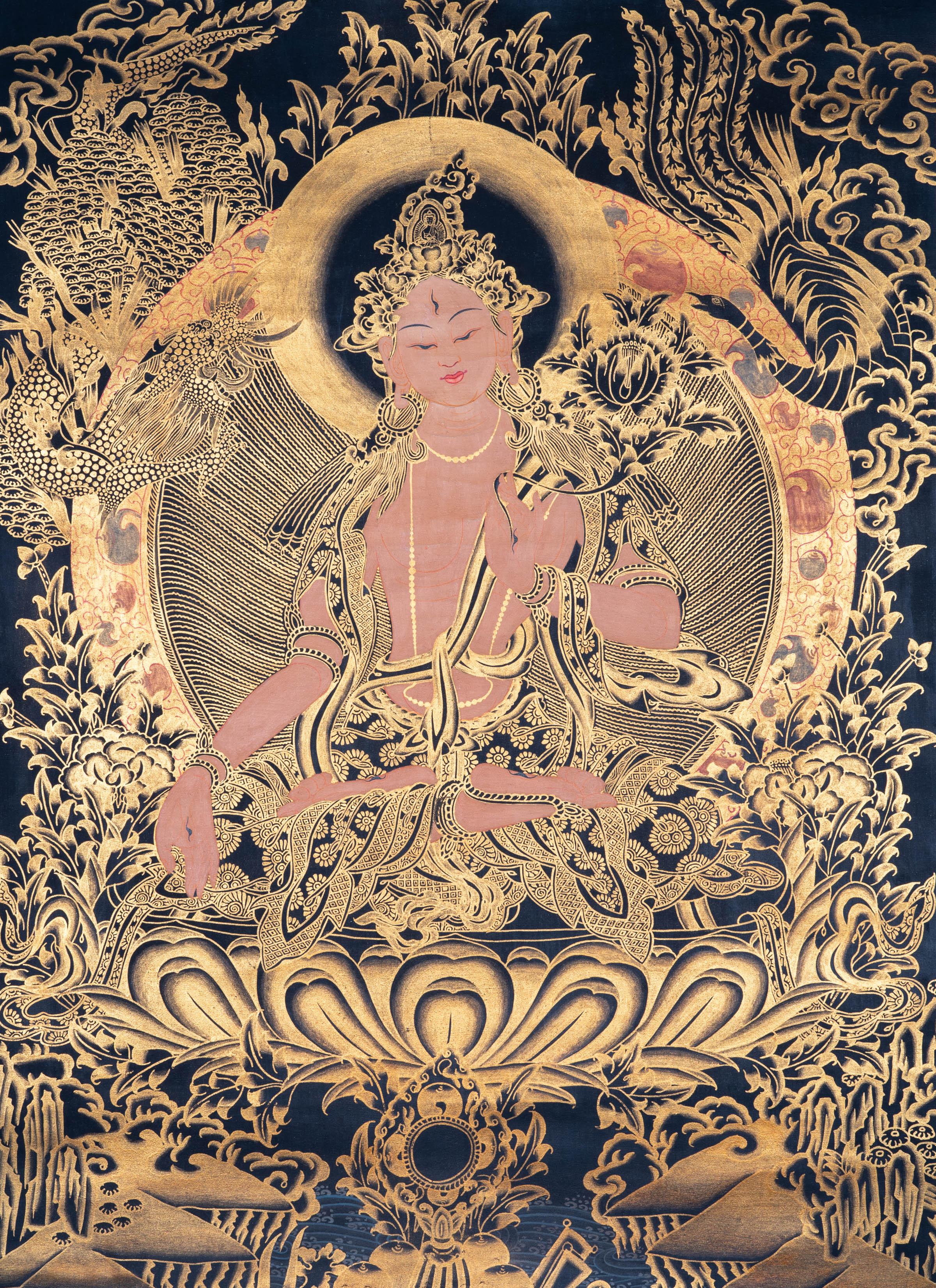Golden White Tara Authentic Handmade Thangka - Himalayas Shop