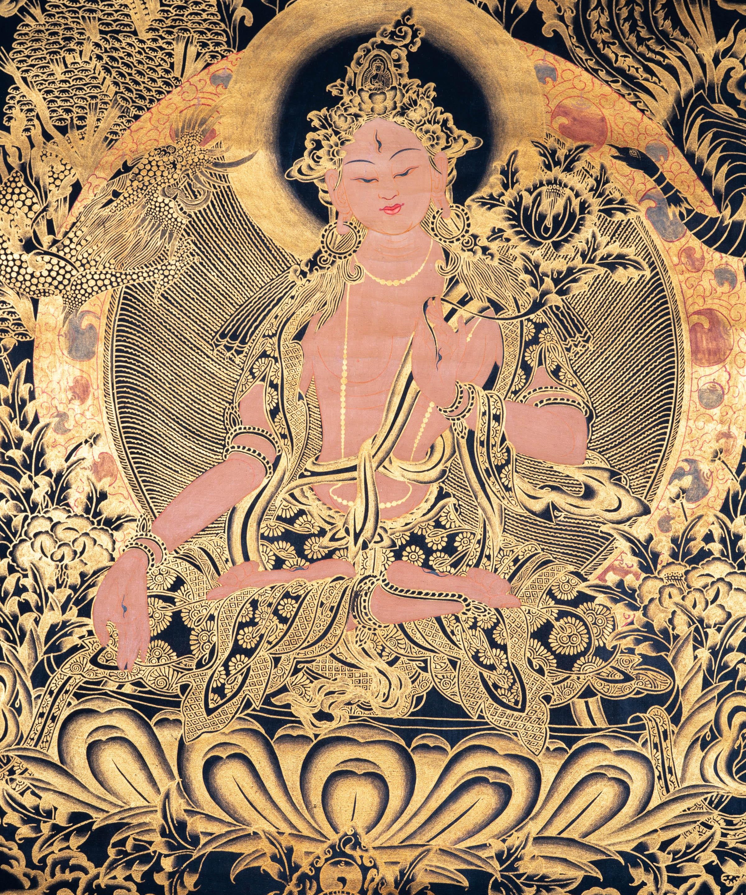 Golden White Tara Authentic Handmade Thangka - Himalayas Shop