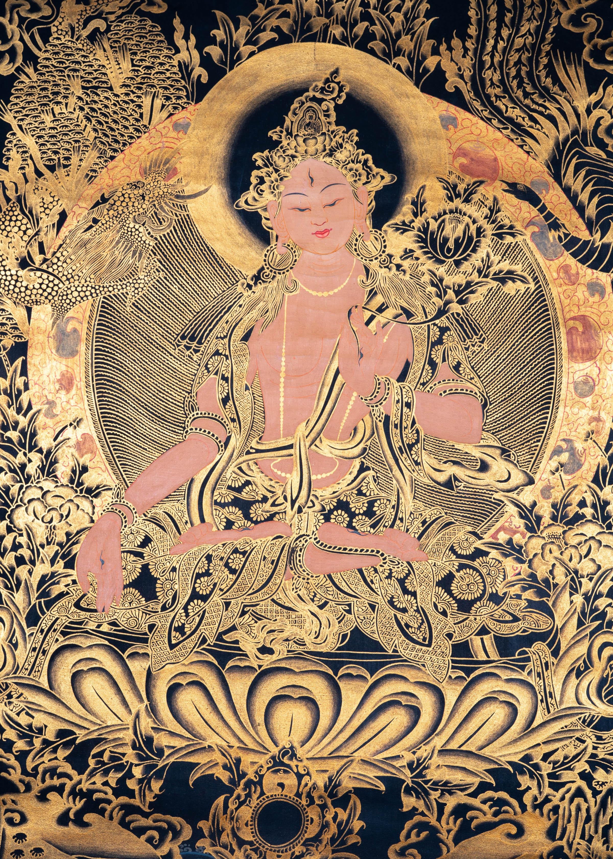 Golden White Tara Authentic Handmade Thangka - Himalayas Shop