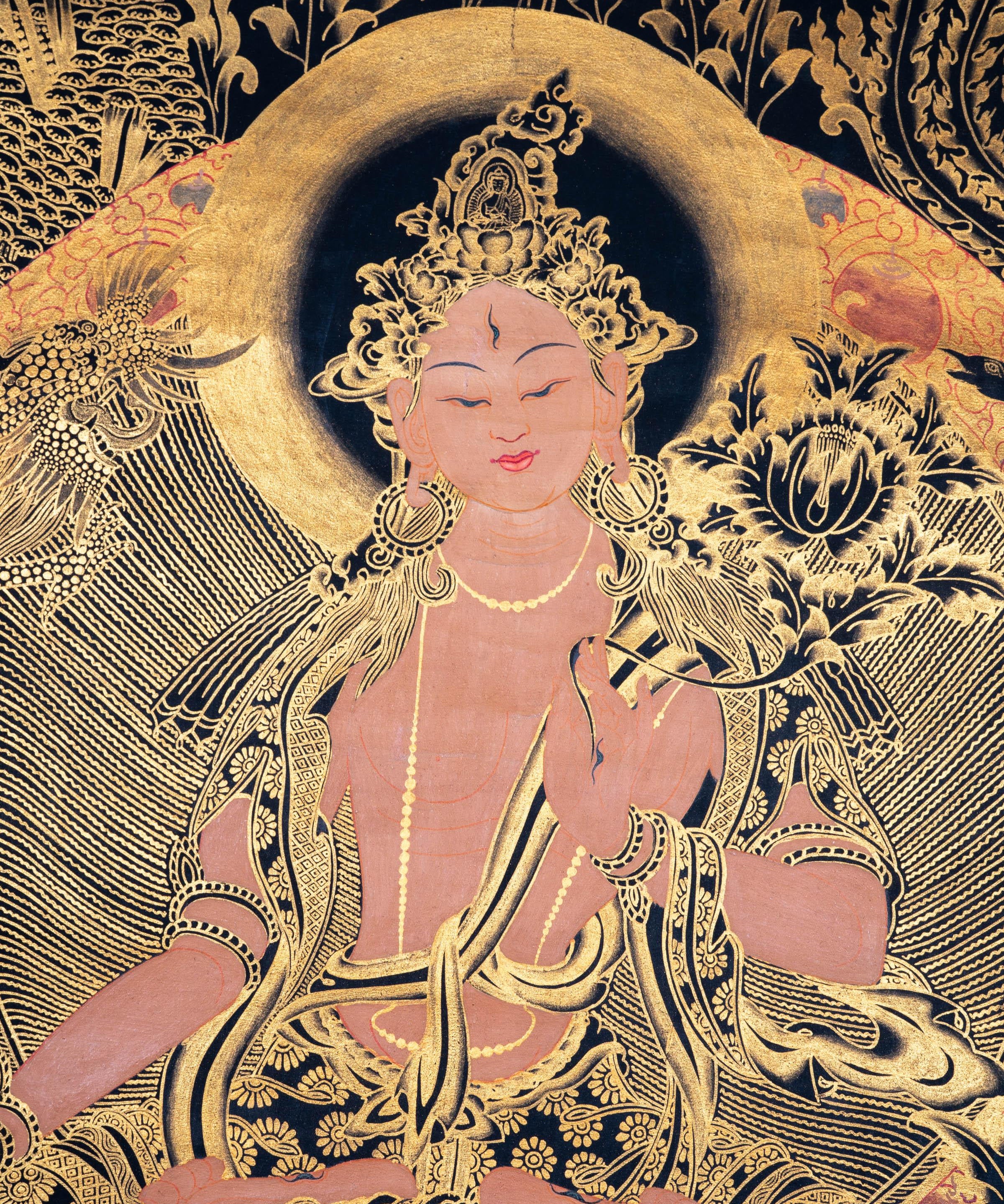 Golden White Tara Authentic Handmade Thangka - Himalayas Shop