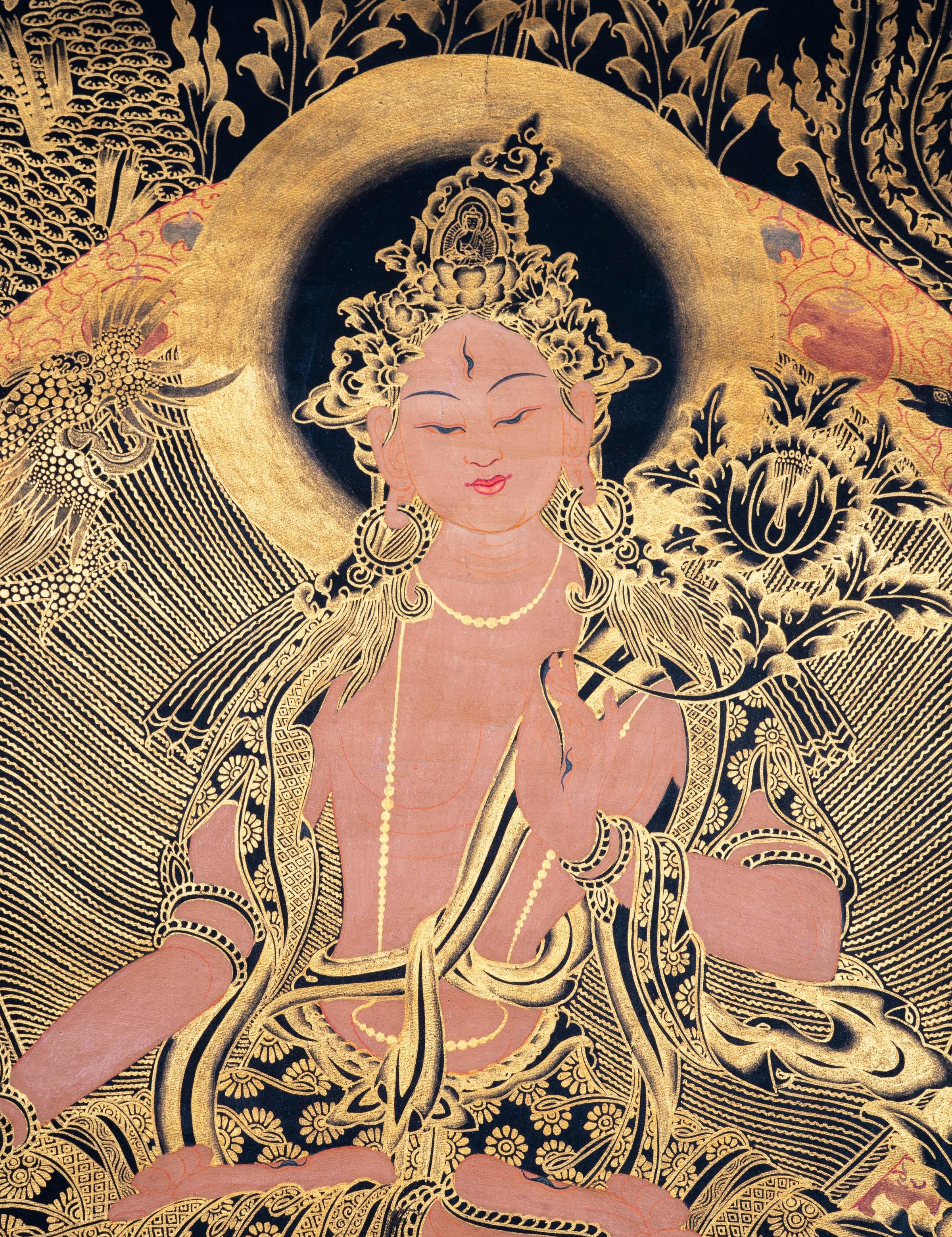 Golden White Tara Authentic Handmade Thangka - Himalayas Shop