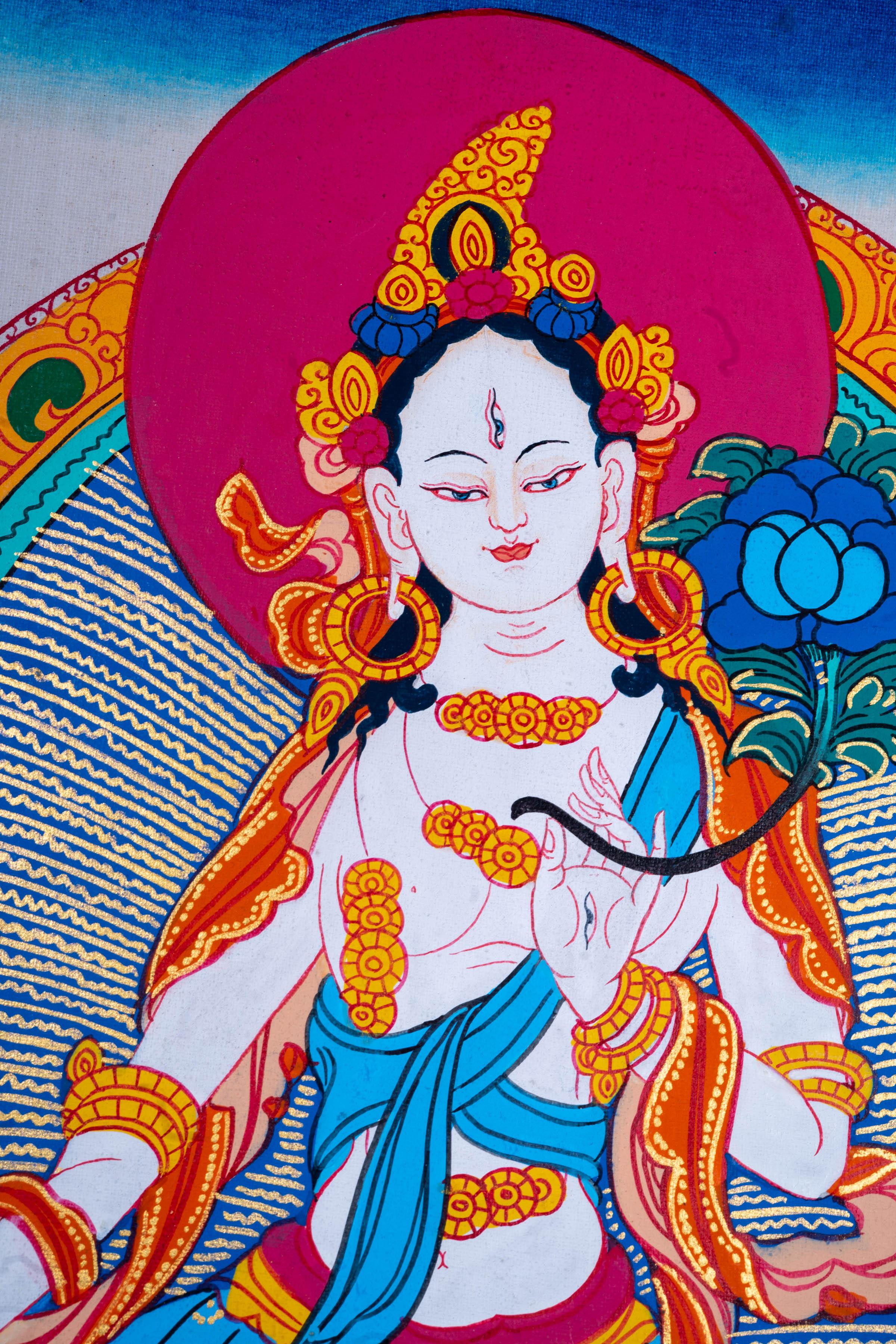 White Tara with Rainbow Aura Handmade Authentic Thangka - Himalayas Shop