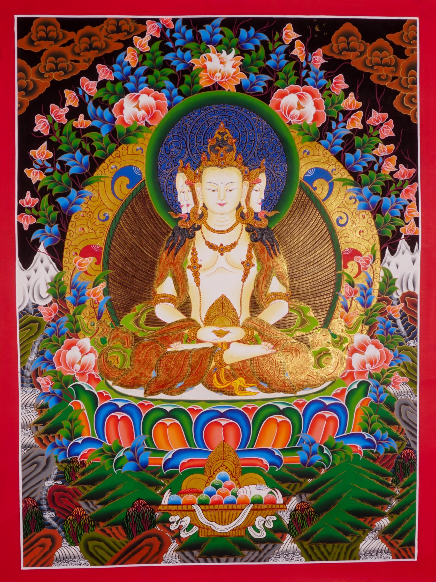 Amitabha White Buddha Tibetan Thangka art of Buddhist deity