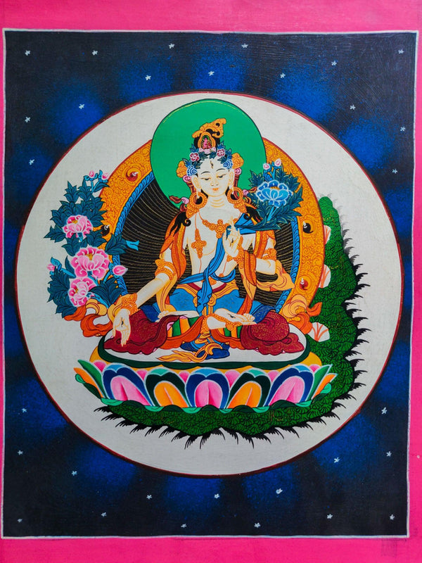 White Tara Thangka painting on Blue cosmos background 