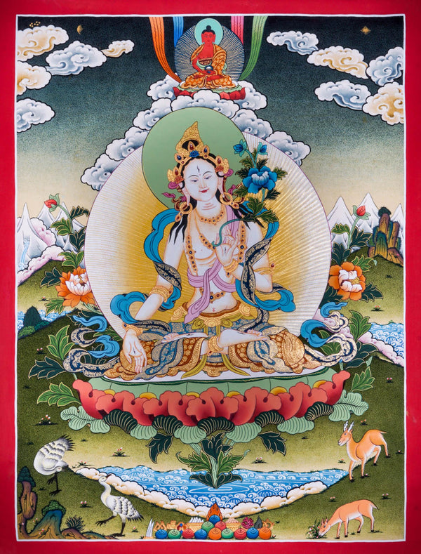 Female deity - White Tara Thangka Art - Best handpainted thangka painting - HimalayasShop