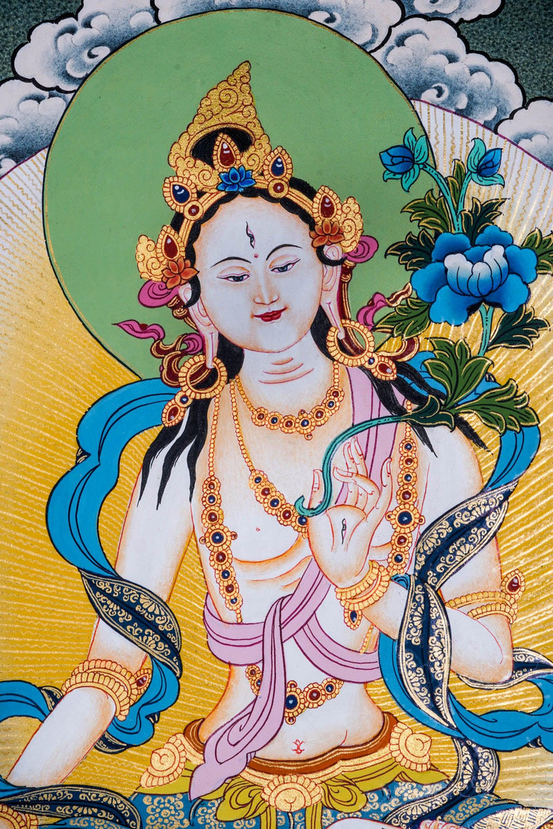 Female deity - White Tara Thangka Art - Best handpainted thangka painting - HimalayasShop