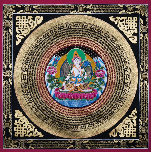 White Tara Round Mandala Thangka - Best handpainted thangka painting - HimalayasShop