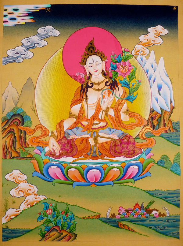 White Tara Tibetan thangka art, limited collection piece.
