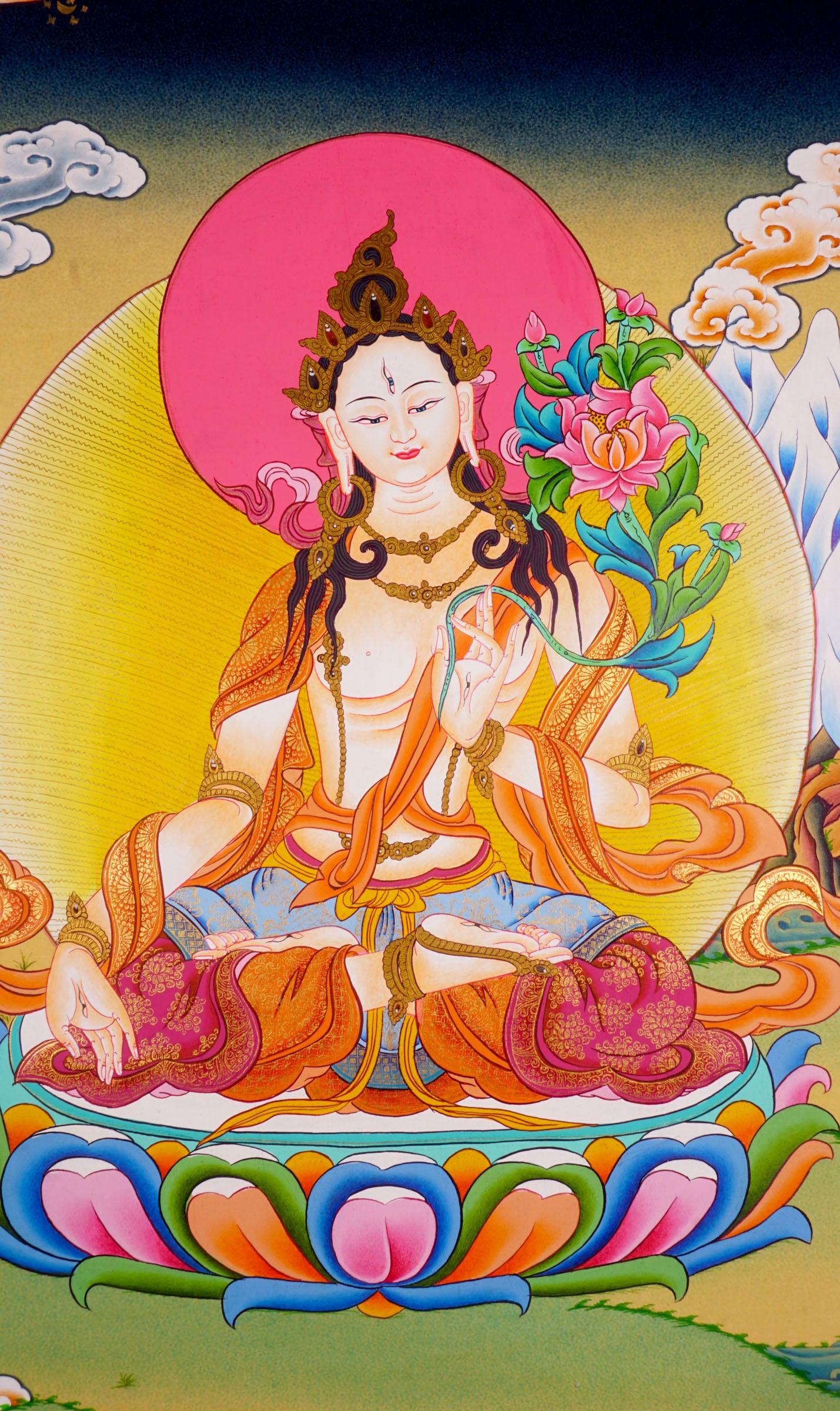 White Tara Tibetan thangka art, limited collection piece.