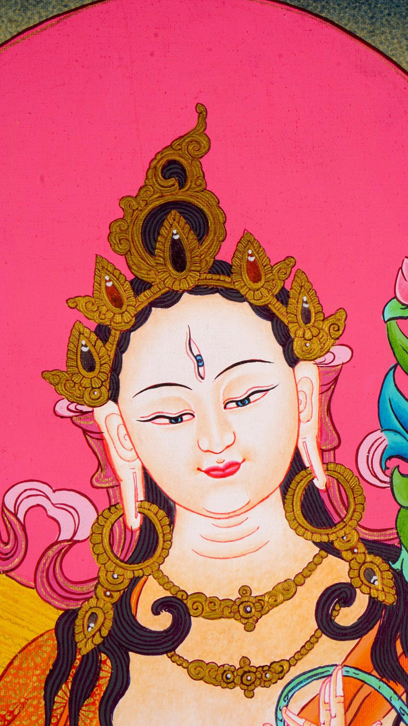 White Tara Tibetan thangka art, limited collection piece.