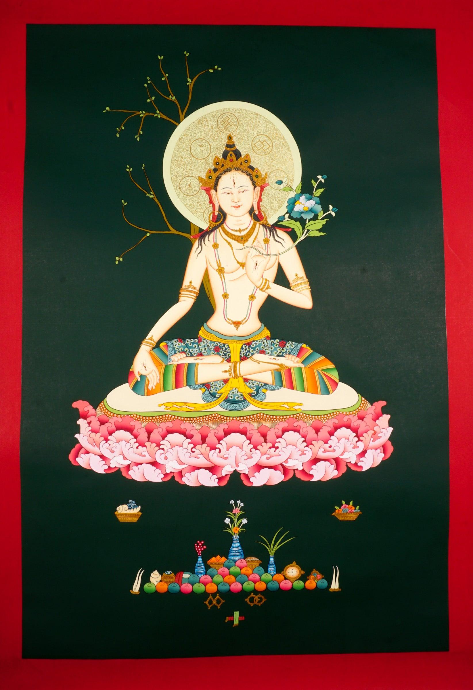White Tara Tibetan art Boddhisattva , on green background 