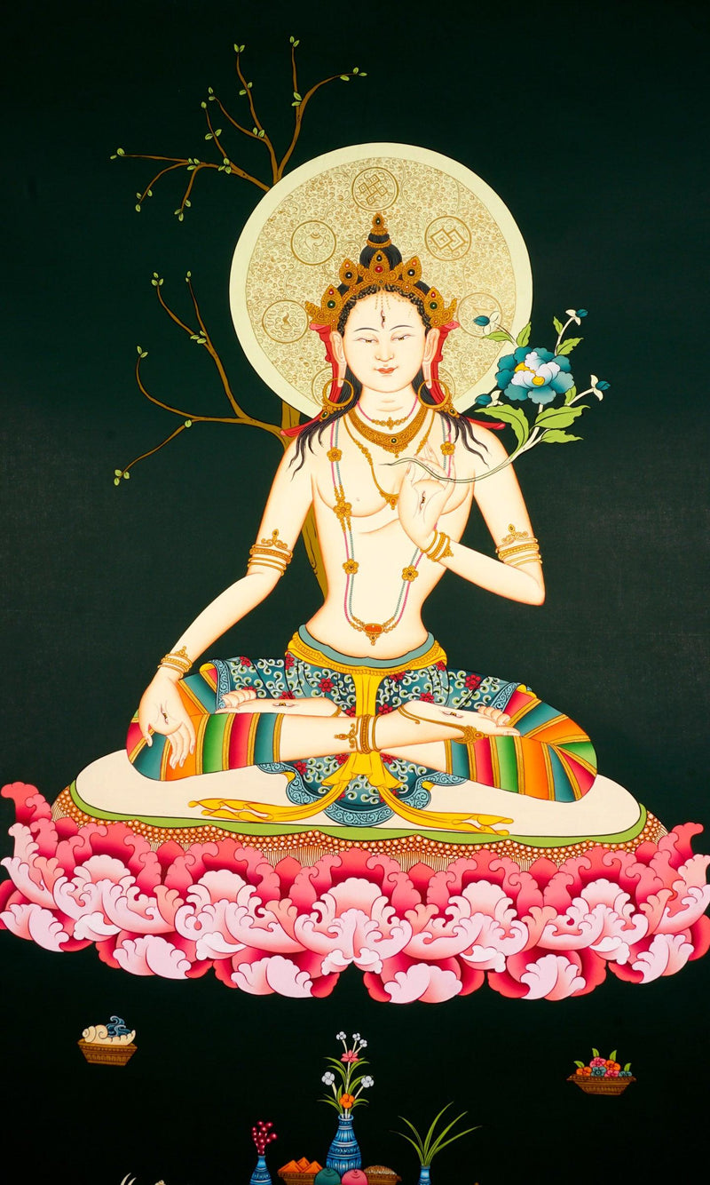 White Tara Tibetan art Boddhisattva , on green background 