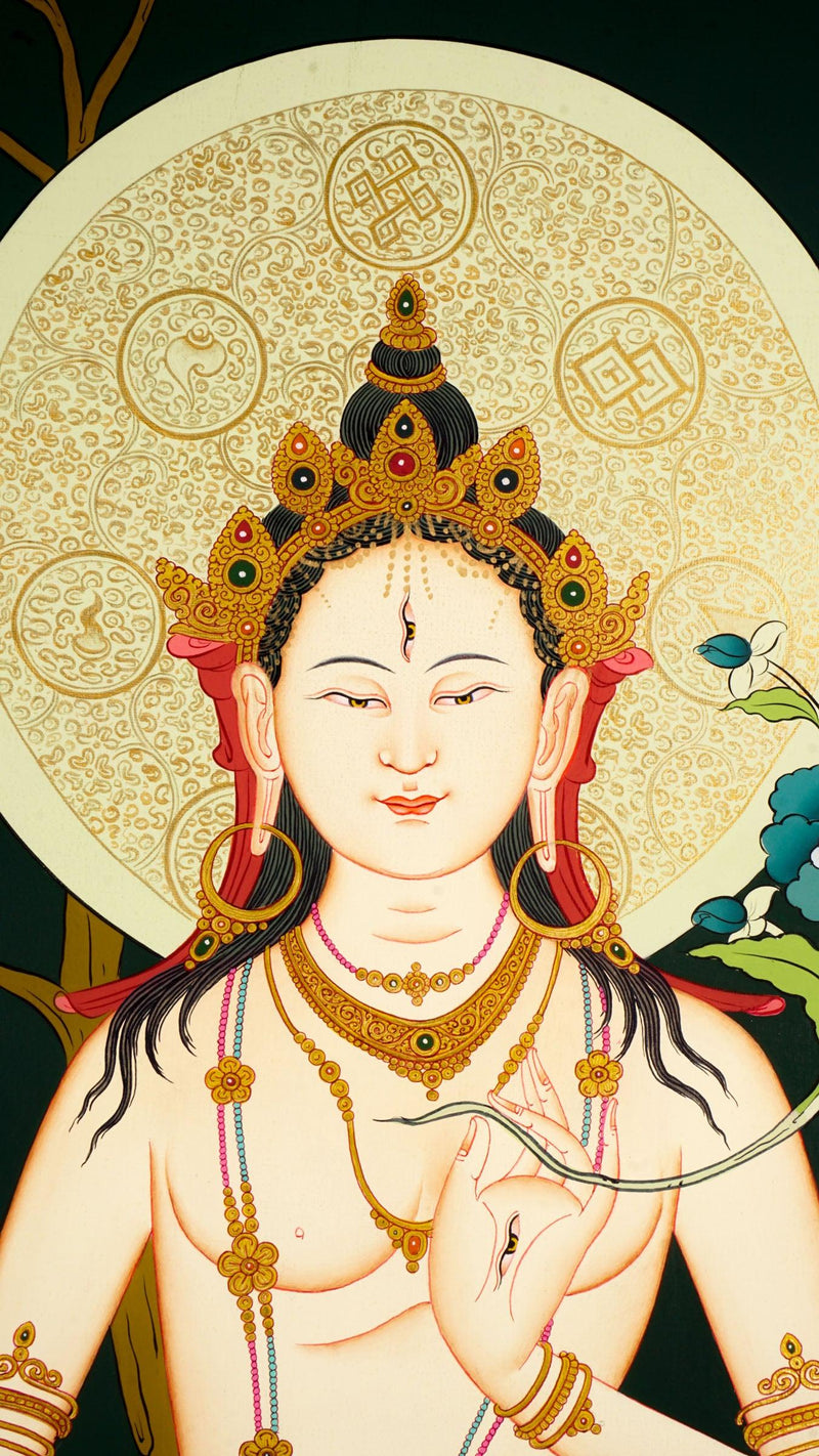 White Tara Tibetan art Boddhisattva , on green background 