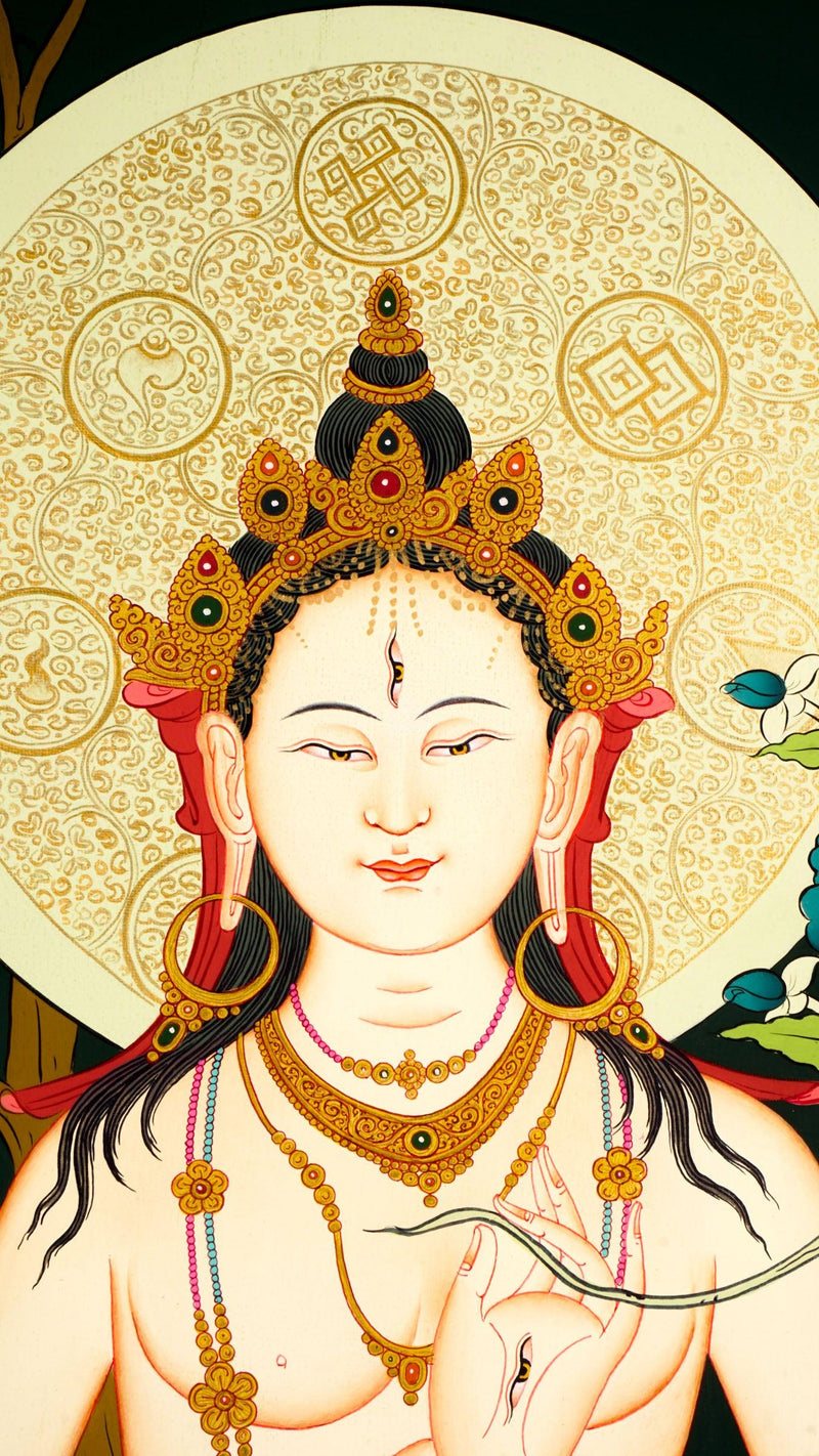 White Tara Tibetan art Boddhisattva , on green background 