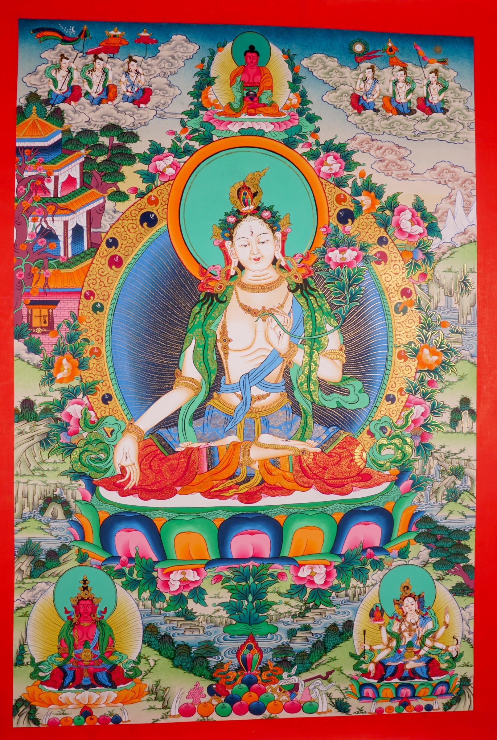 White Tara  Tibetan Thangka art female boddhisattva spiritual art for meditation and spiritual practice. 