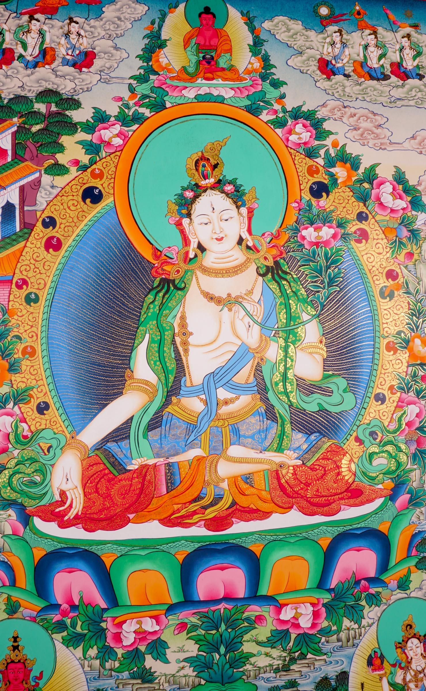 White Tara  Tibetan Thangka art female boddhisattva spiritual art for meditation and spiritual practice. 