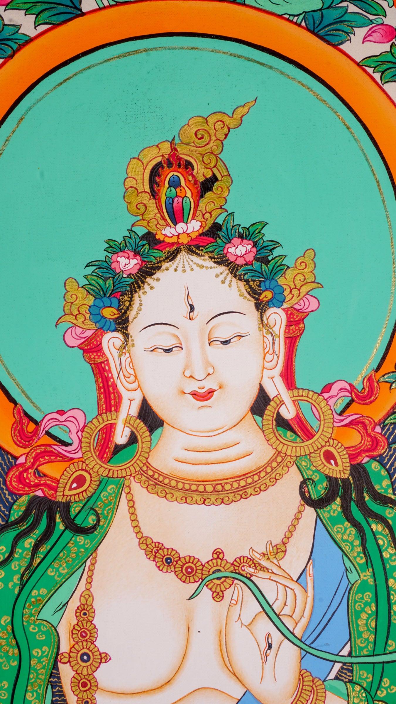 White Tara  Tibetan Thangka art female boddhisattva spiritual art for meditation and spiritual practice. 