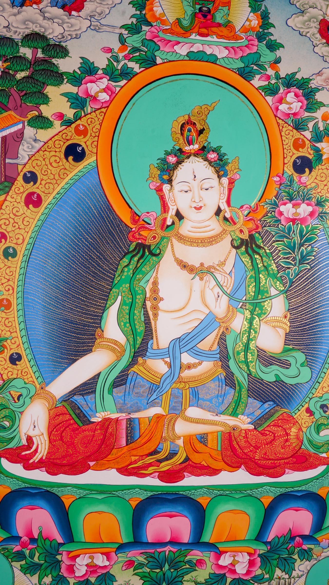 White Tara  Tibetan Thangka art female boddhisattva spiritual art for meditation and spiritual practice. 