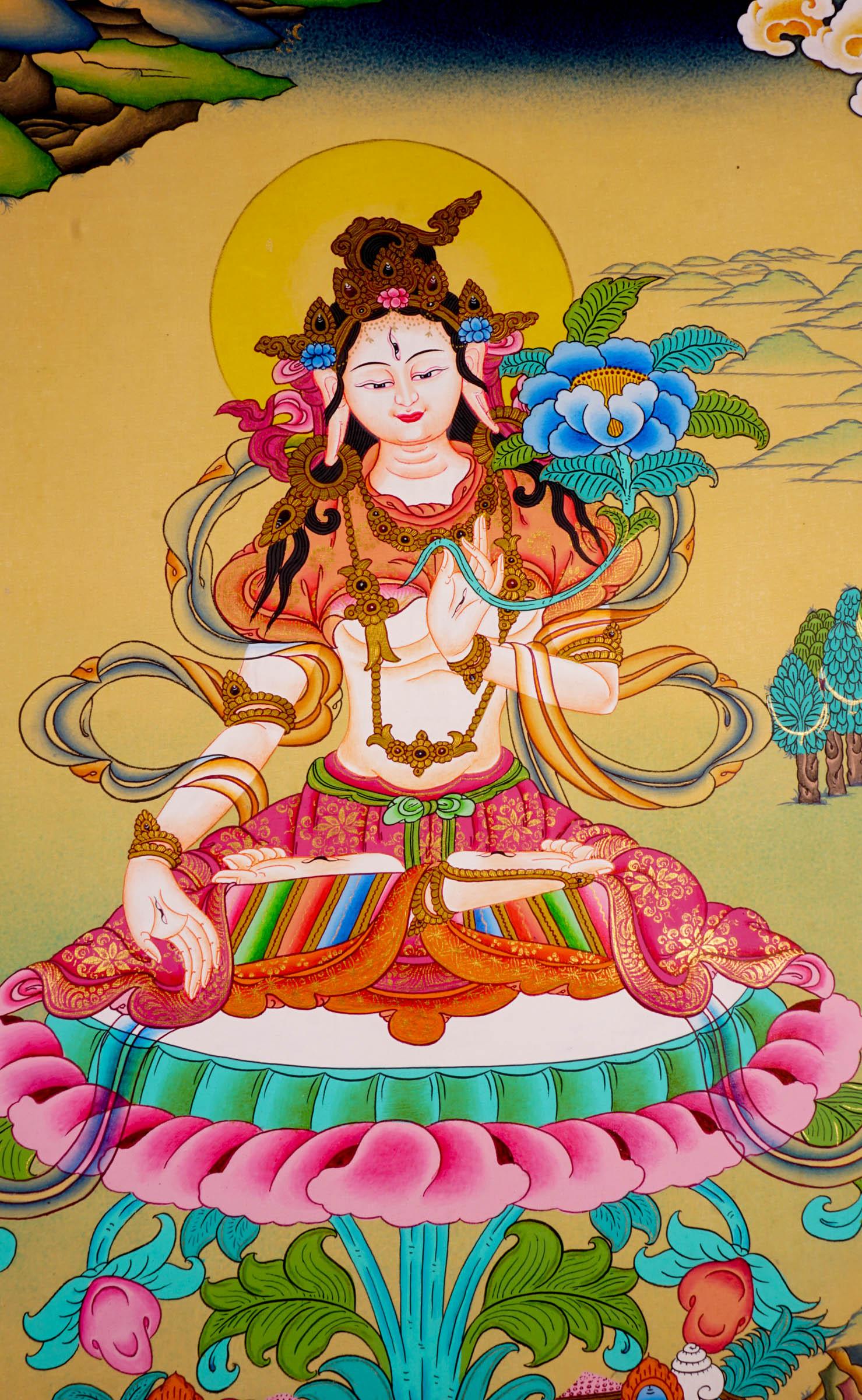White Tara Tibetan Buddha Thangka painting on cotton canvas for spiritual and meditation practice